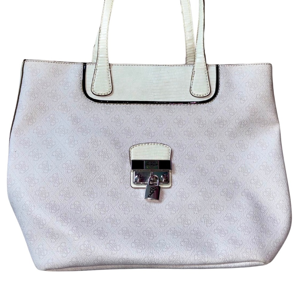 Guess White Signature Tote with Lock Charm and Rose Printed Interior Lining
